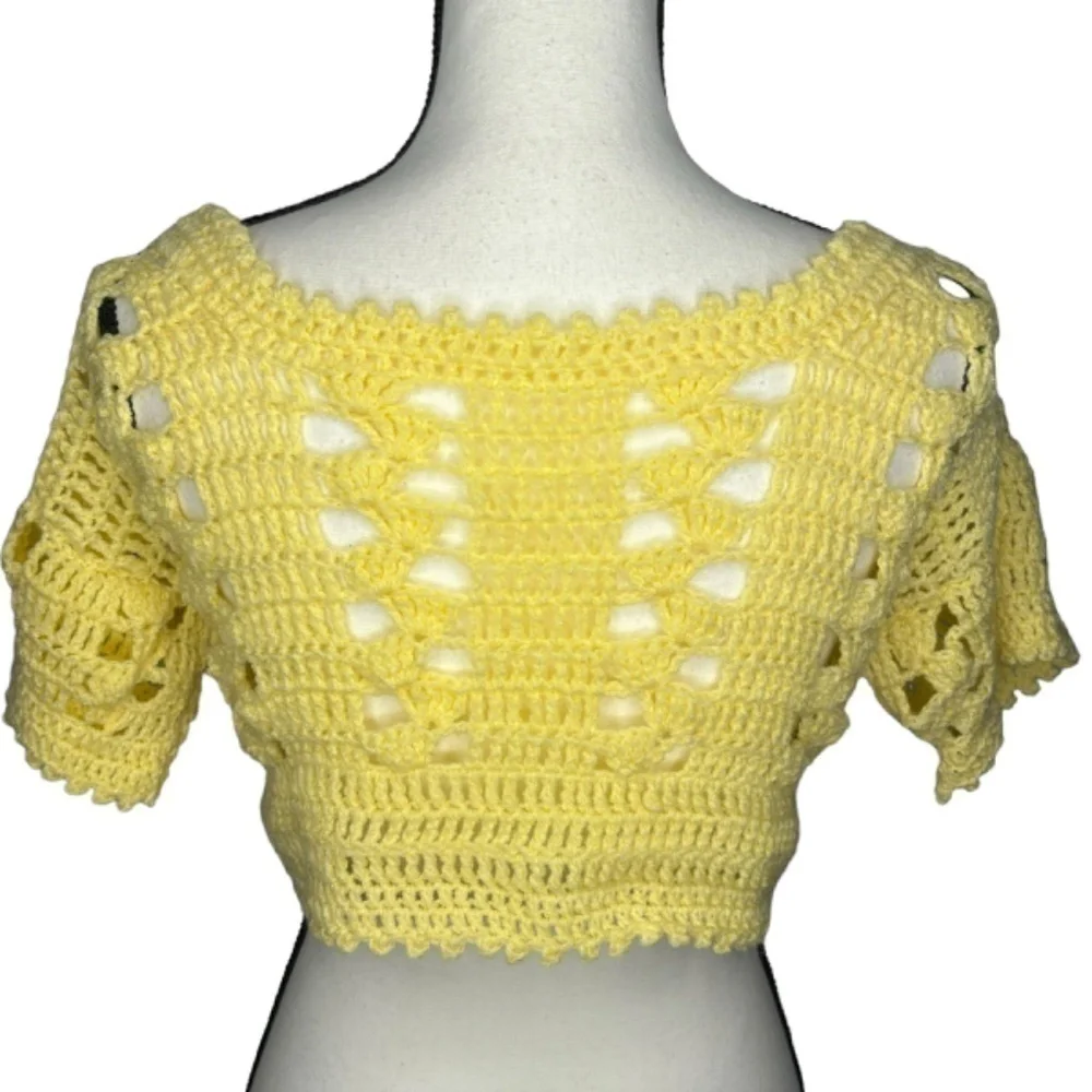 Handmade Crochet Crop Top Light Yellow Acrylic Yarn Short Sleeve Scoop Neck
